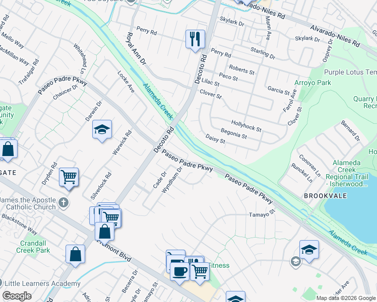 map of restaurants, bars, coffee shops, grocery stores, and more near 3184 Waugh Place in Fremont