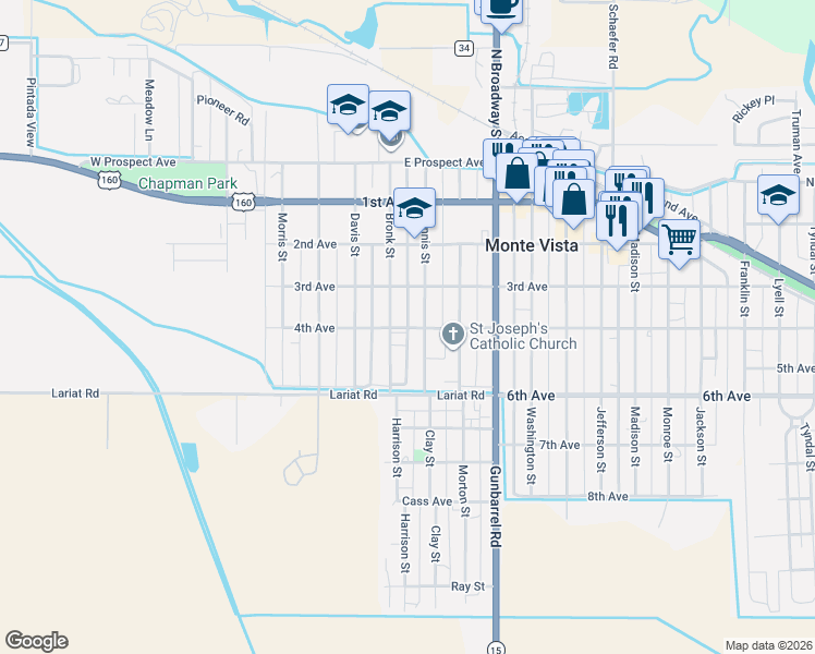 map of restaurants, bars, coffee shops, grocery stores, and more near 402 4th Avenue in Monte Vista