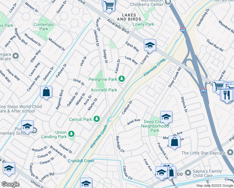 map of restaurants, bars, coffee shops, grocery stores, and more near 4460 Sandpiper Court in Fremont