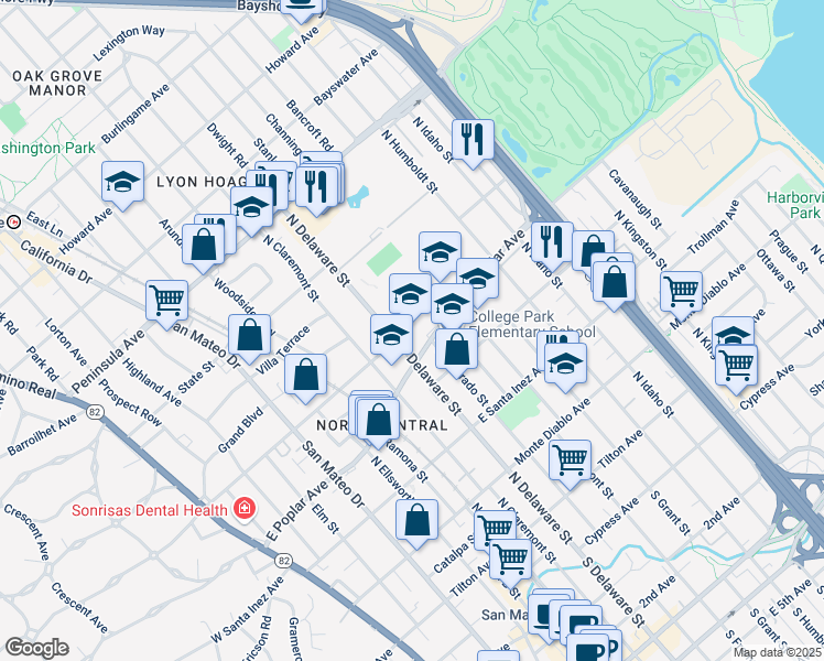 map of restaurants, bars, coffee shops, grocery stores, and more near 506 North Delaware Street in San Mateo