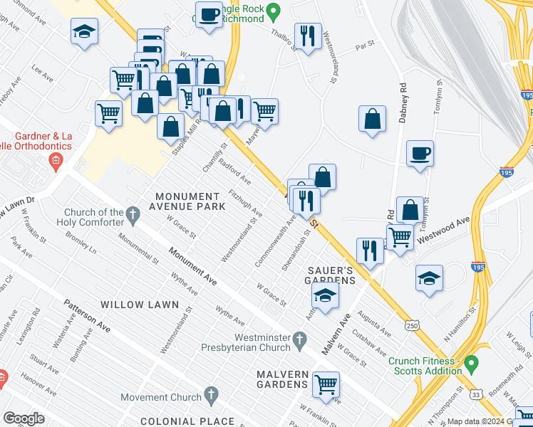 map of restaurants, bars, coffee shops, grocery stores, and more near 4524 Fitzhugh Avenue in Richmond
