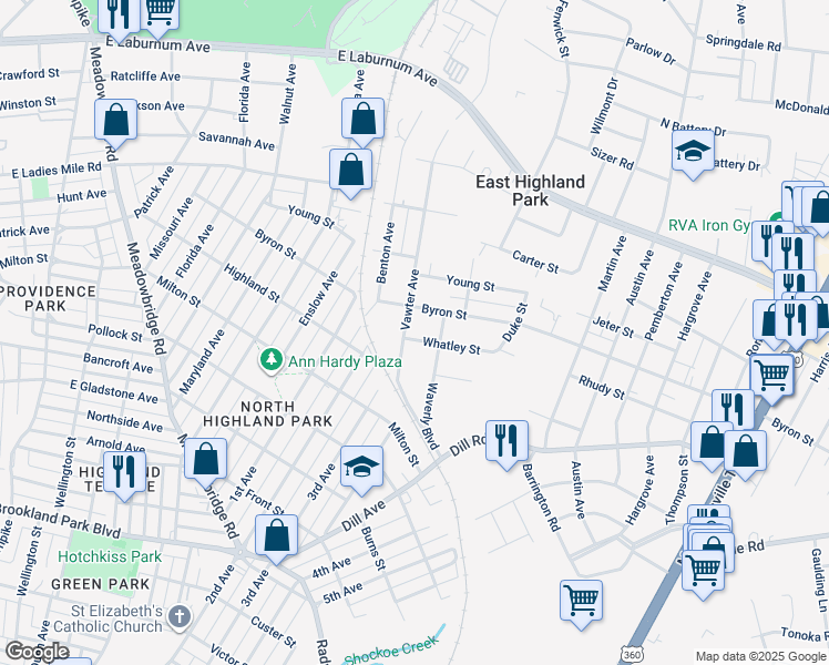 map of restaurants, bars, coffee shops, grocery stores, and more near 1404 Whatley Street in Richmond