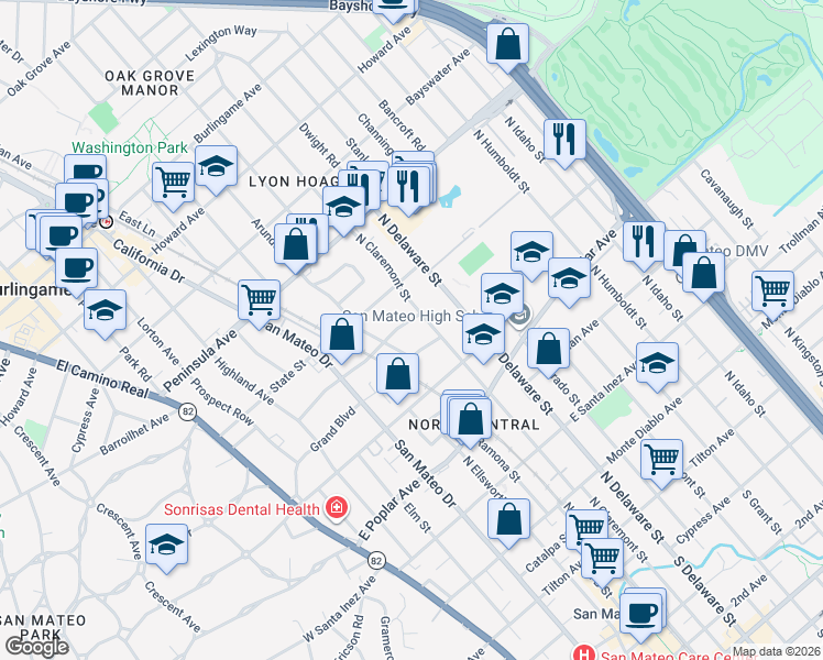 map of restaurants, bars, coffee shops, grocery stores, and more near 444 Villa Terrace in San Mateo