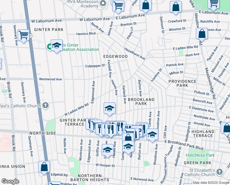 map of restaurants, bars, coffee shops, grocery stores, and more near 3304 Hanes Avenue in Richmond