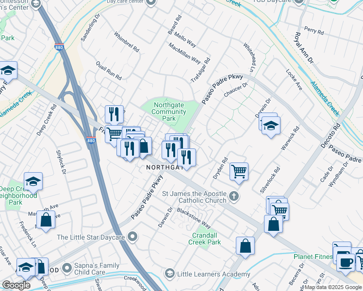 map of restaurants, bars, coffee shops, grocery stores, and more near 34050 Paseo Padre Parkway in Fremont