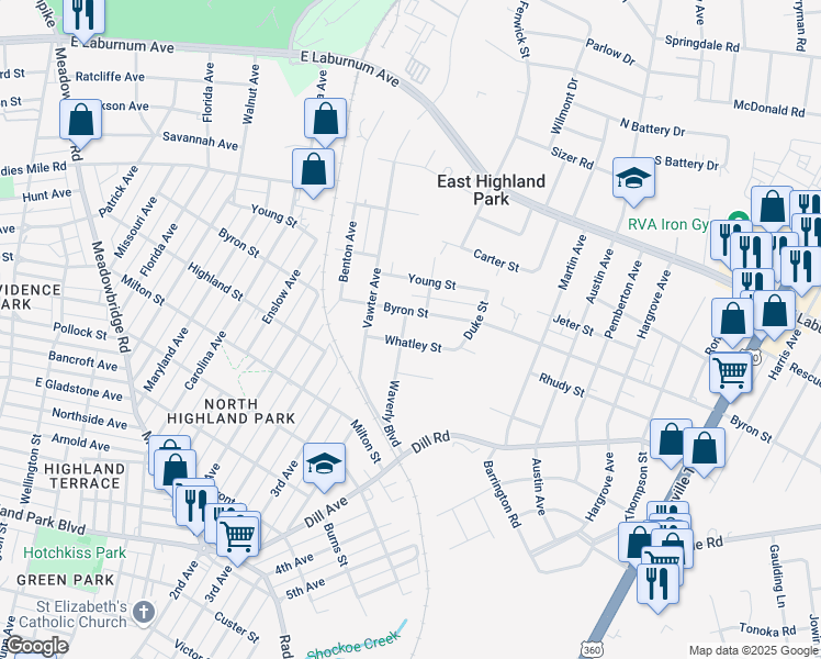 map of restaurants, bars, coffee shops, grocery stores, and more near 3513 Waverly Boulevard in Richmond
