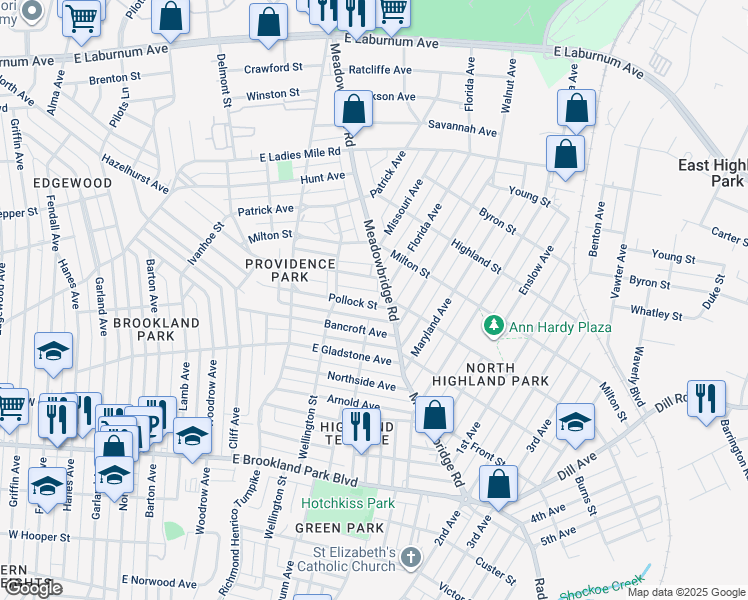 map of restaurants, bars, coffee shops, grocery stores, and more near 624 Pollock Street in Richmond