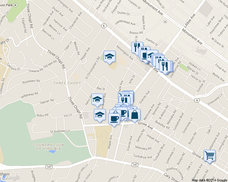 map of restaurants, bars, coffee shops, grocery stores, and more near 5907 Fergusson Road in Richmond