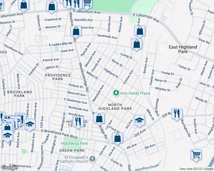 map of restaurants, bars, coffee shops, grocery stores, and more near 907 Milton Street in Richmond