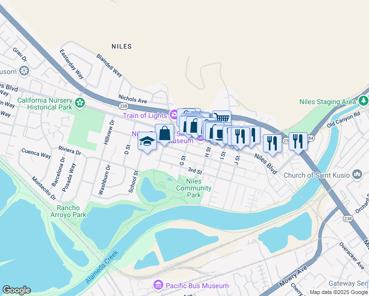 map of restaurants, bars, coffee shops, grocery stores, and more near 185 G Street in Fremont