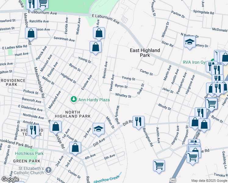 map of restaurants, bars, coffee shops, grocery stores, and more near 1406 Whatley Street in Richmond
