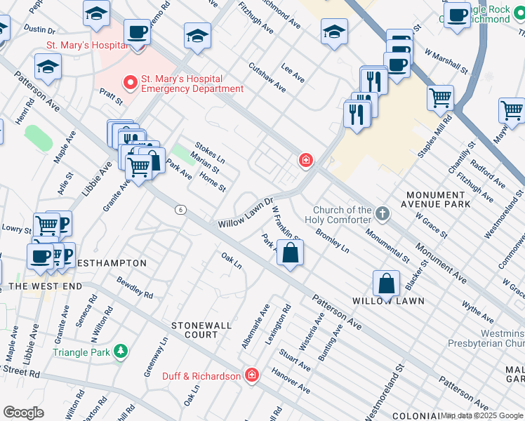 map of restaurants, bars, coffee shops, grocery stores, and more near 1011 Willow Lawn Drive in Richmond