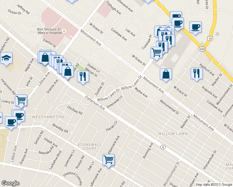 map of restaurants, bars, coffee shops, grocery stores, and more near 1011 Willow Lawn Drive in Richmond