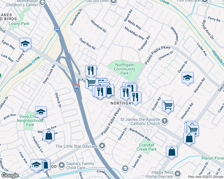 map of restaurants, bars, coffee shops, grocery stores, and more near 3840 Springfield Common in Fremont