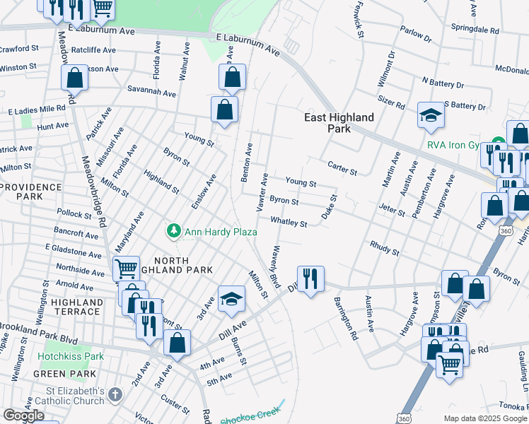 map of restaurants, bars, coffee shops, grocery stores, and more near 1404 Whatley Street in Richmond