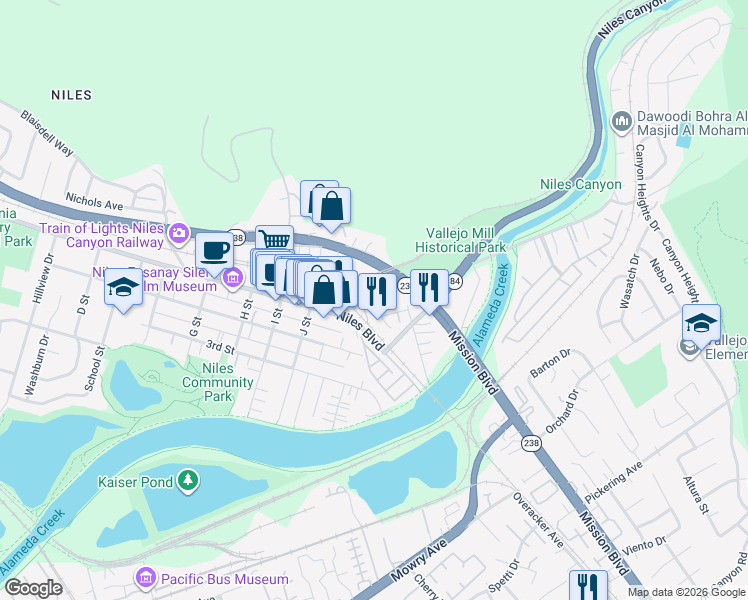 map of restaurants, bars, coffee shops, grocery stores, and more near 37871 Essanay Place in Fremont