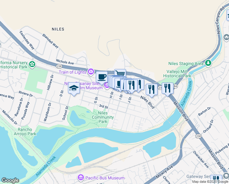 map of restaurants, bars, coffee shops, grocery stores, and more near 131 I Street in Fremont