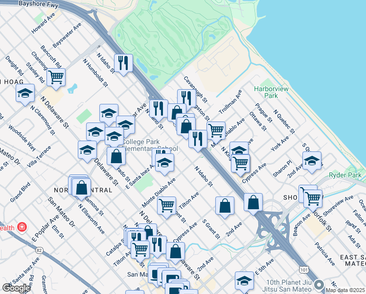 map of restaurants, bars, coffee shops, grocery stores, and more near 290 North Idaho Street in San Mateo