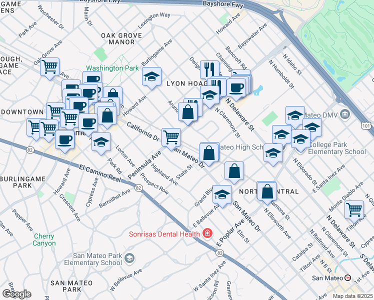 map of restaurants, bars, coffee shops, grocery stores, and more near 888 North San Mateo Drive in San Mateo