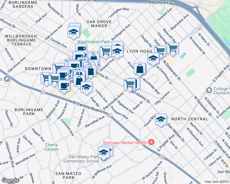 map of restaurants, bars, coffee shops, grocery stores, and more near 15 Highland Avenue in Burlingame