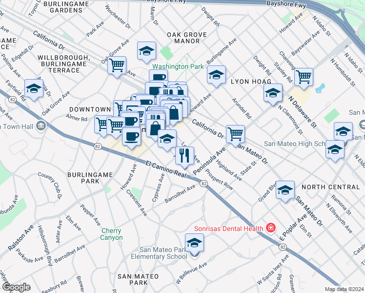 map of restaurants, bars, coffee shops, grocery stores, and more near 1155 Bayswater Avenue in Burlingame