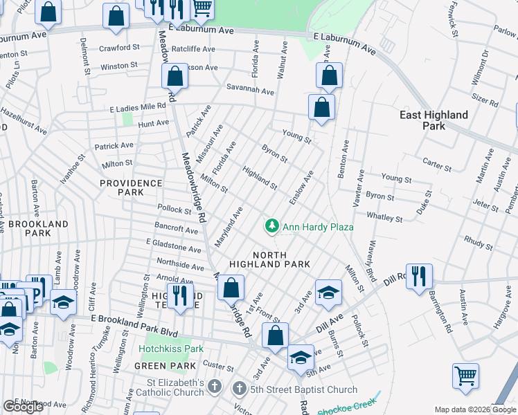 map of restaurants, bars, coffee shops, grocery stores, and more near 909 Milton Street in Richmond