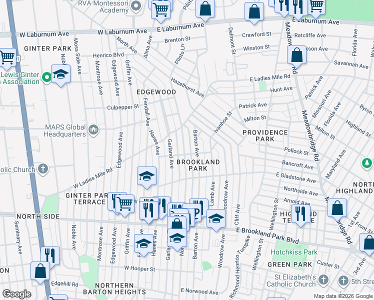map of restaurants, bars, coffee shops, grocery stores, and more near 3300 North Avenue in Richmond