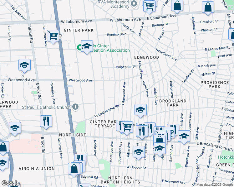 map of restaurants, bars, coffee shops, grocery stores, and more near 3113 Montrose Avenue in Richmond