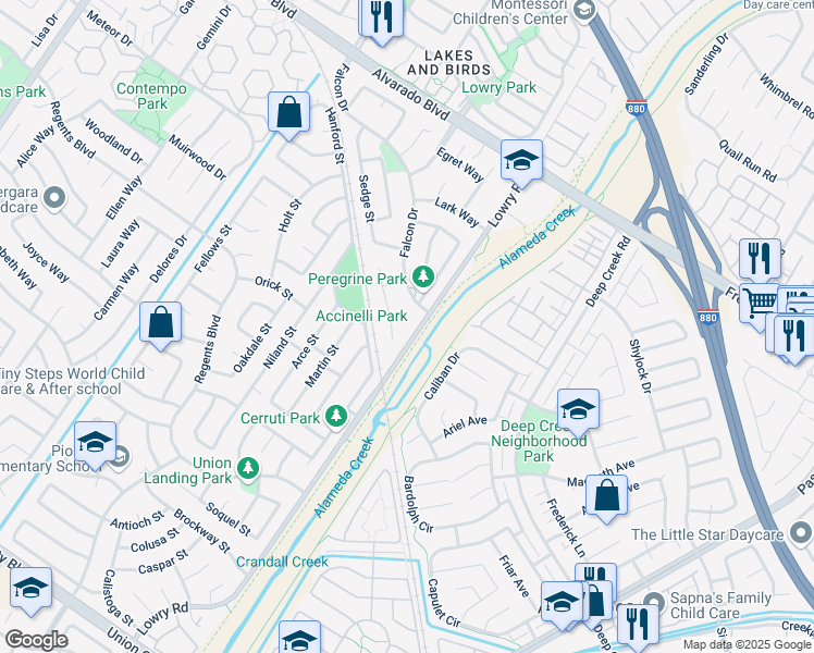 map of restaurants, bars, coffee shops, grocery stores, and more near 4460 Sandpiper Court in Fremont