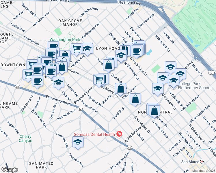 map of restaurants, bars, coffee shops, grocery stores, and more near 888 North San Mateo Drive in San Mateo