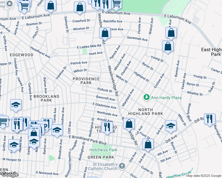 map of restaurants, bars, coffee shops, grocery stores, and more near 624 Pollock Street in Richmond