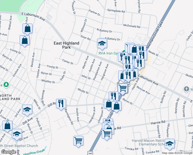 map of restaurants, bars, coffee shops, grocery stores, and more near 3610 Hargrove Avenue in Richmond