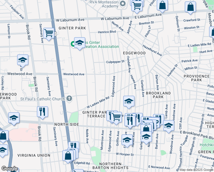 map of restaurants, bars, coffee shops, grocery stores, and more near 3113 Montrose Avenue in Richmond
