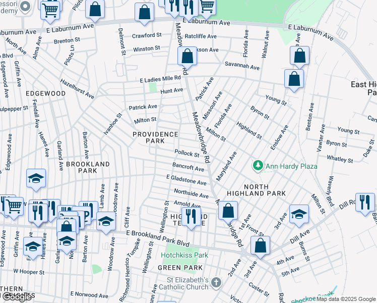map of restaurants, bars, coffee shops, grocery stores, and more near 612 Pollock Street in Richmond