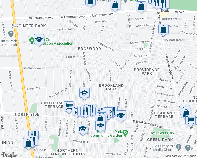 map of restaurants, bars, coffee shops, grocery stores, and more near 3305 Garland Avenue in Richmond