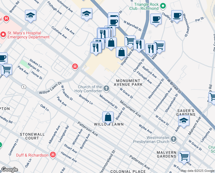 map of restaurants, bars, coffee shops, grocery stores, and more near 4820 Monument Avenue in Richmond