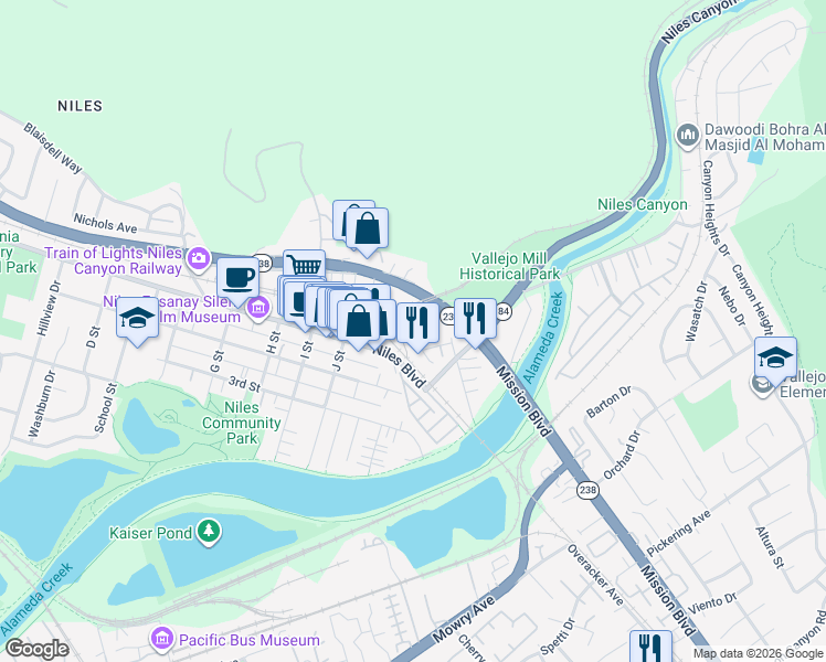 map of restaurants, bars, coffee shops, grocery stores, and more near 37871 Essanay Place in Fremont