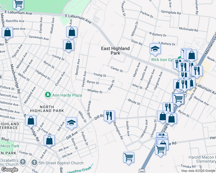 map of restaurants, bars, coffee shops, grocery stores, and more near 3509 Duke Street in Richmond