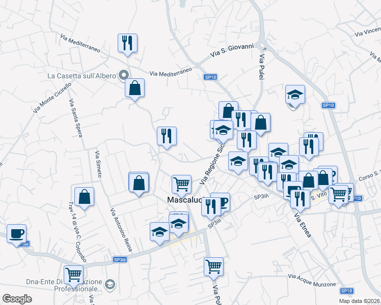 map of restaurants, bars, coffee shops, grocery stores, and more near 12 Via Santissimo Crocifisso in Mascalucia