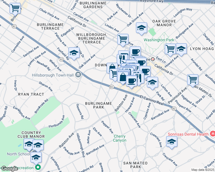 map of restaurants, bars, coffee shops, grocery stores, and more near 405 El Camino Real in Burlingame