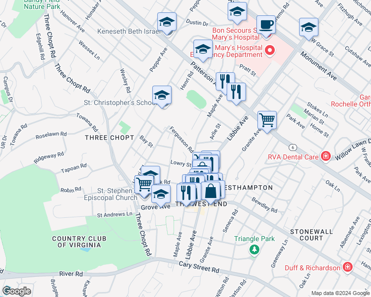 map of restaurants, bars, coffee shops, grocery stores, and more near 5909 Fergusson Road in Richmond