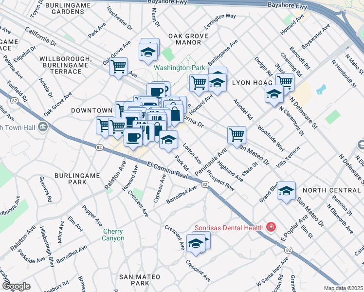map of restaurants, bars, coffee shops, grocery stores, and more near 110 Park Road in Burlingame
