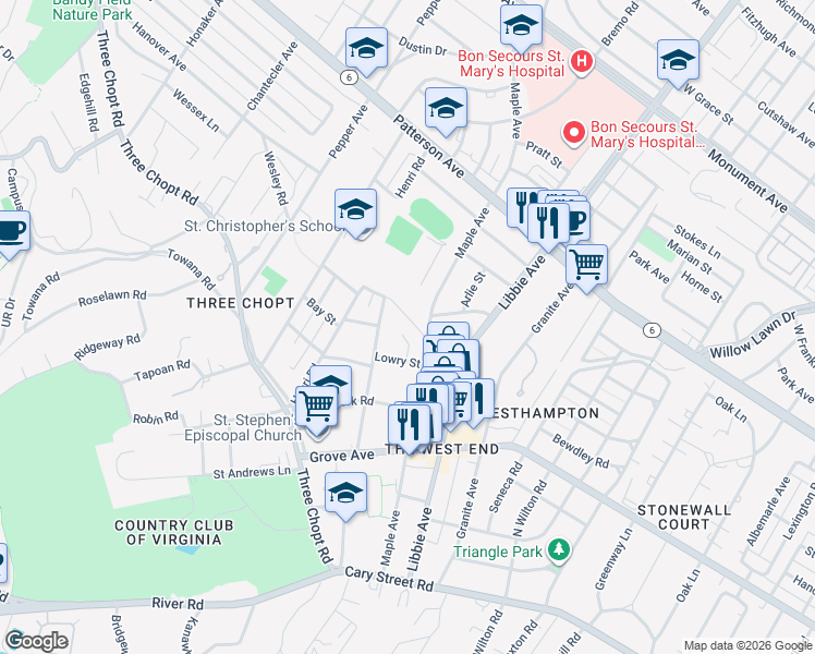map of restaurants, bars, coffee shops, grocery stores, and more near 5909 Fergusson Road in Richmond