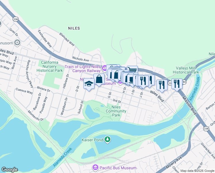 map of restaurants, bars, coffee shops, grocery stores, and more near 185 G Street in Fremont