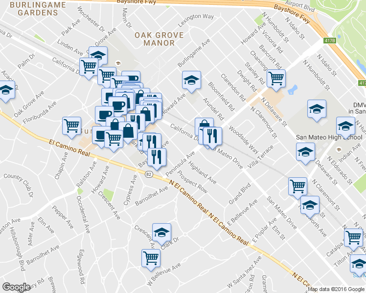 map of restaurants, bars, coffee shops, grocery stores, and more near 15 Highland Avenue in Burlingame