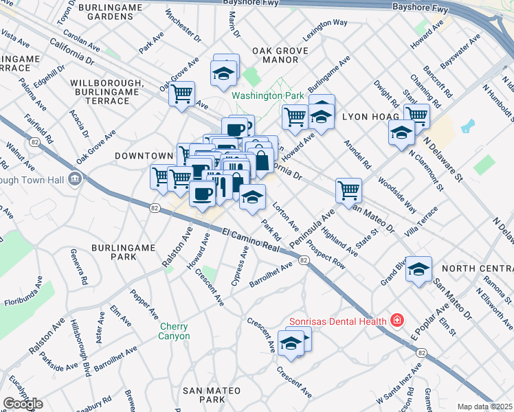 map of restaurants, bars, coffee shops, grocery stores, and more near 110 Park Road in Burlingame