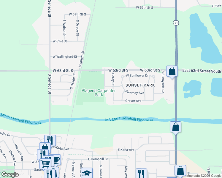 map of restaurants, bars, coffee shops, grocery stores, and more near 6528 Mabel Street in Wichita