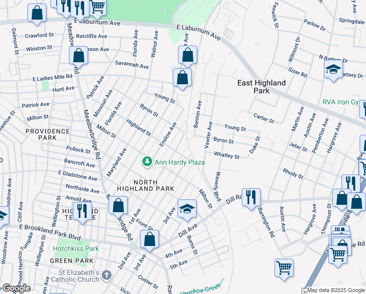 map of restaurants, bars, coffee shops, grocery stores, and more near 3509 1st Avenue in Richmond
