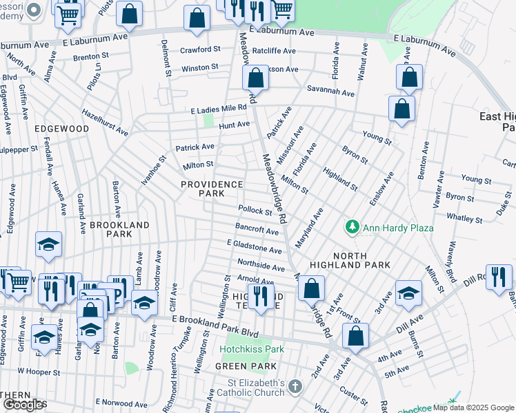 map of restaurants, bars, coffee shops, grocery stores, and more near 612 Pollock Street in Richmond