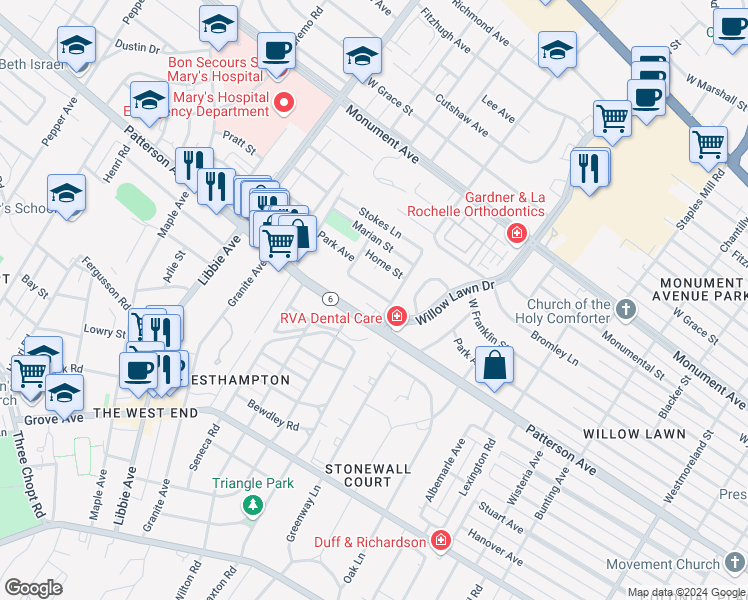 map of restaurants, bars, coffee shops, grocery stores, and more near 5307 1/2 Snowden Lane in Richmond